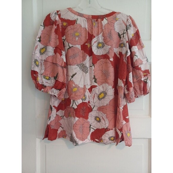 LOFT poppy print boho peasant blouse XS no collar gauzy short sl. work or play - Picture 7 of 10